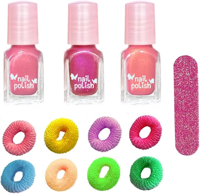 M&U MAKE YOU UP Butterfly Jewelry Case Nail & Hair Set - 3 Quick-Dry Polishes + 5 Fuzzy Elastics | Portable Beaded Clutch for Teens, FashionGift with Floral Charm Party Favors