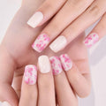 Ivory White Press on Fake Nails Short Square with Peach Flower Design, Glossy Press on Nails for Wide Nail Beds Reusable Manicure for Women Girls, Perfect Fit Stick on Soft Nail Press ons 24Pcs