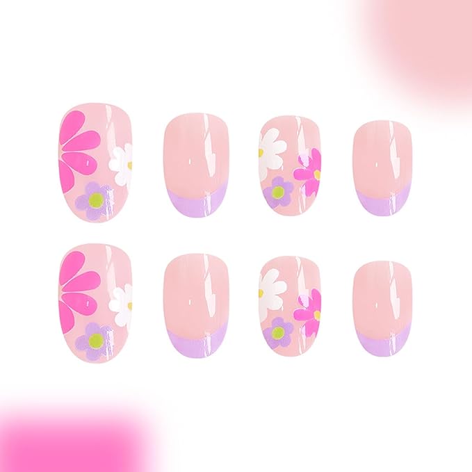 Flower Press On Nails - Short Almond French Tip Colorful Flowers Acrylic Nude Pink Full Cover Glue On Floral False Nails for Women Girls - 24 Pcs