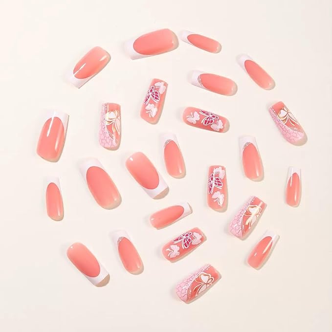 Press on Nails Square - Medium, White French Tip Fake Nails - with Butterfly Design Stick on False Nails for Women - 24 Pcs