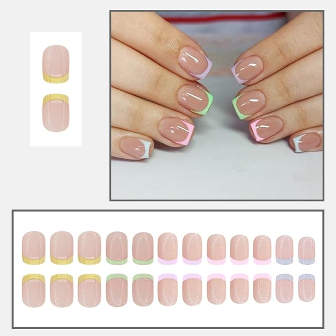 Press on Nails Square Short Short Fake Nails Press ons Multicolor French Nail Tips Artificial Acrylic Kit Full Cover False Nails with Glossy Design Stick on Nails for Women 24Pcs