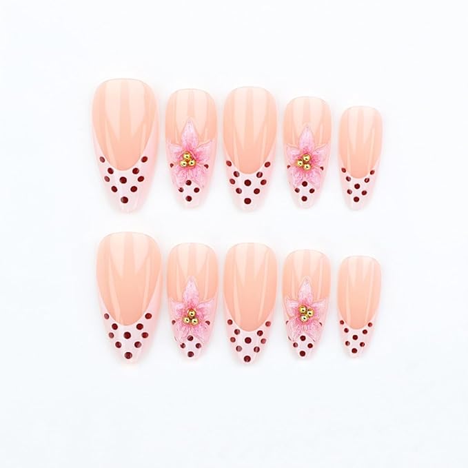 Spring Polka Dot Press on Nails Medium Almond Fake Nails French Tip Nails Press ons with Flower Design,Reusable & Easy Apply Full Cover Stick on Nails for Women Summer Vacation Manicure 24Pcs