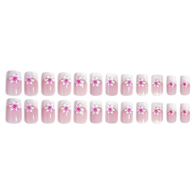 24Pcs French Tip Press on Nails Short Square Fake Nails Pink with Flower Full Cover Tip Glue on Nails Design Artificial Nude Pink False Nails Supplies Stick on Nail Acrylic for Women Nail Art
