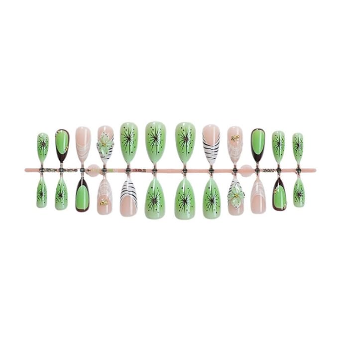 Summer Press on Nails Medium Almond Stick on Nails with Green Flower Charm Design Pearl Seashell False Nails Black French Tips Fake Nails Glossy Floral Glue on Nails for Women Girls Manicure 24Pcs