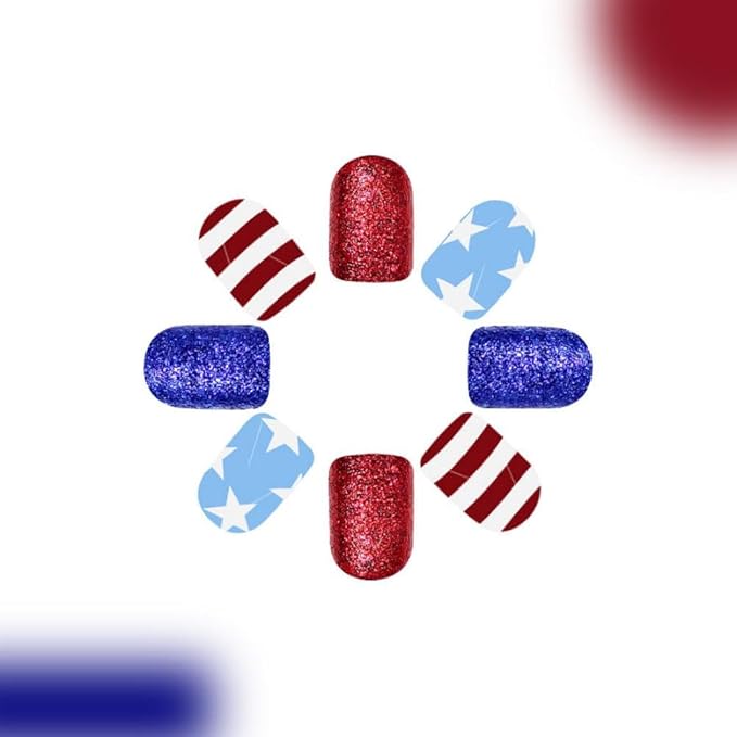 Independence Day Press on Nails Short Square False Nails with Star Designs Striped Fake Nails Glossy Red Blue Acrylic Nail Full Cover 4th of July Stick on Nail for Women Girls Manicure 24Pcs