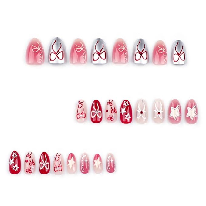 Ombre Red Press on Nails Medium Almond Fake Nails with Pearl Bow Charm Design Silver Star False Nails Glossy Summer Glue on Nails Reusable Full Cover Handmade Stick on Nails for Women Manicure 24Pcs