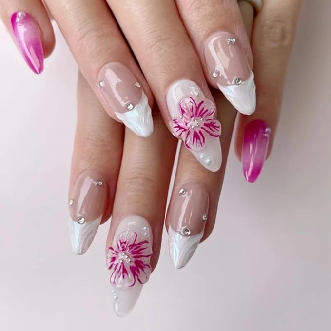 Medium Press On Nails - Handmade 3D False Nails Medium Almond 10 Pcs Reusable ABS Material Finger Painting Nail Tip French Salon Design-M size
