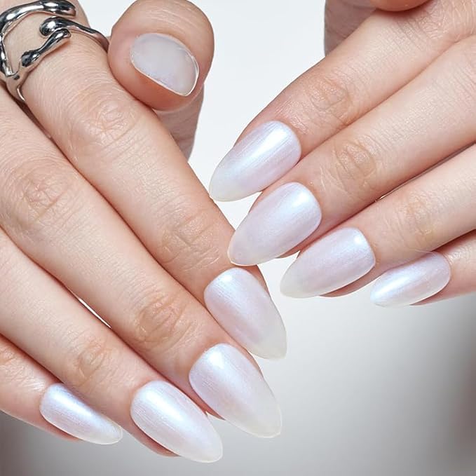 GLAMERMAID Pure White Pearl Press On Nails Short Almond, Glazed Donut Handmade Soft Jelly Gel Fake Nails, Glossy Neutral Round Oval Stick Glue on Nails Kit for Women, Reusable Acrylic False Nail Set