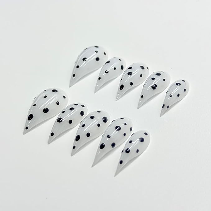 10 Pcs Thick Press on Nails White Stiletto Handmade Fake Nails with Polka Dot Design Medium Curved Eagle Claw False Nails Luxury Muti-Layer Gel Nail Halloween Cat Claw Stick on Nail for Women (S)