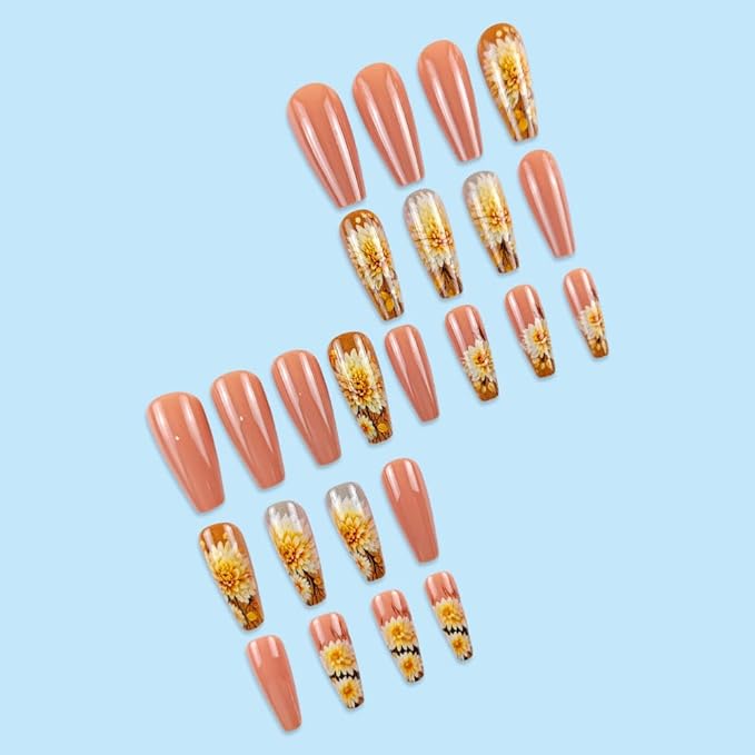 Sunflower Press on Nails Medium Square Fake Nails with Daisy Floral Designs Yellow Flowers False Nails Press ons Glossy Orange Summer Acrylic Nails for Women Decoration for Women 24Pcs