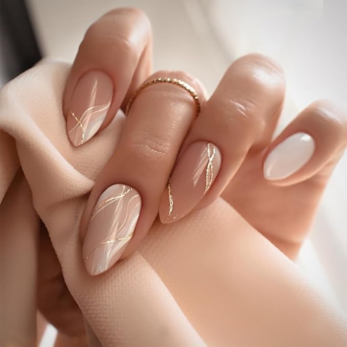 Almond Press on Nails Medium - Fall Fake Nails with Gold Line Design - White Full Cover Stick on False Nails - for Women 24 Pcs