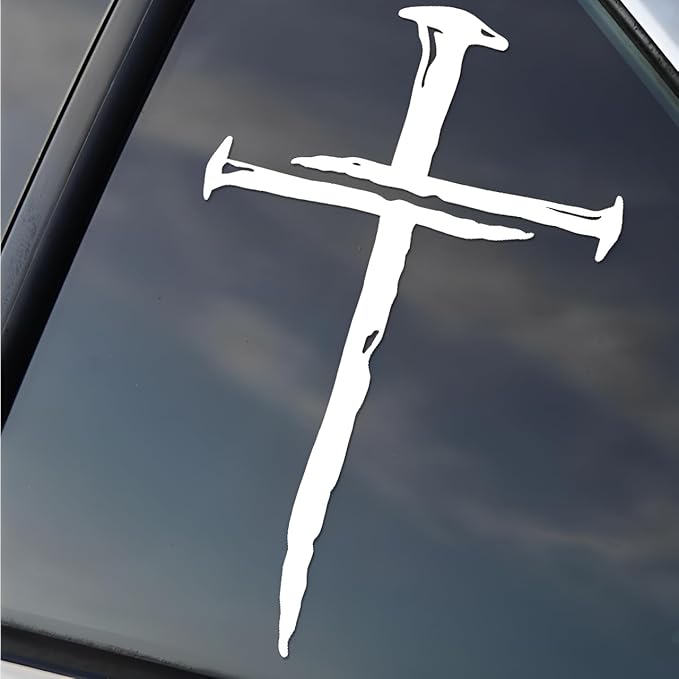 Cross of Nails Sticker - Vinyl Christian Sign Decal, Pack of 2, 5.9 x 4 inches
