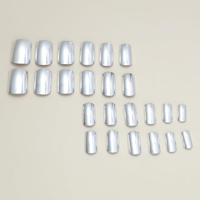 Silver Press on Nails Short Square Fake Nails Metal Chrome False Nails Press ons Glossy Silver Mirror Acrylic Nails Full Cover Holographic Metal Chrome Glue Stick on Nail for Women Manicure 24pcs
