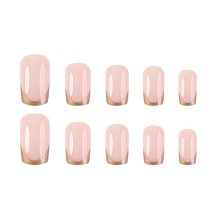 Gold French Tip Press-on Nails - Medium Square Nude Pink Glitter Design, Full Cover Artificial Luxury False Nails, 24pcs DIY Decoration Set