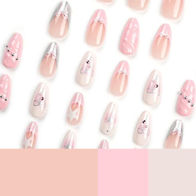 Pink French tips Press on Nails Medium Almond Fake Nails with Design Silver Bow Glue on Nails Water Ripple Stick on Nails Glossy Reusable Summer False Nails for Women Girls Manicure 24pcs