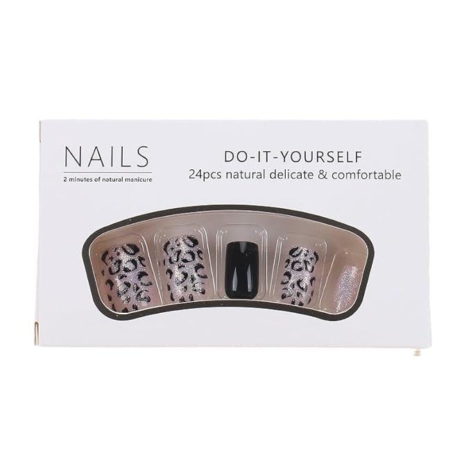Leopard Print Press on Nails Black Fake Nails Medium Square False Nails Press ons with Design,Reusable Artificial Nail Full Cover Glue on Nail Stick on Nails for Women Manicure 24Pcs