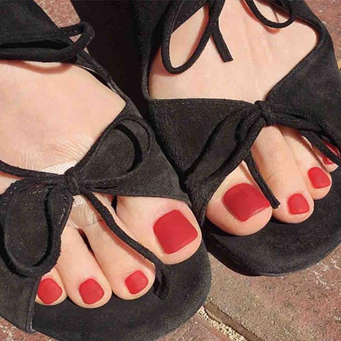 Red Square Fake Toenails Matte Press on Toe Nails Short Acrylic False Toes Nails Artificial Beach Full Cover Toenail for Women 24 Pcs (Red)