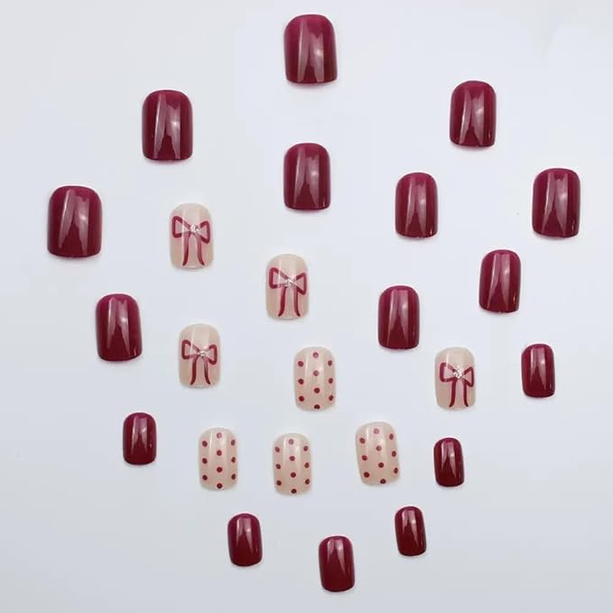 Short Press on Nails Square - Wine Red Fake Nails with Bow Design - Polka Dot Full Cover Stick on False Nails - for Women 24 Pcs
