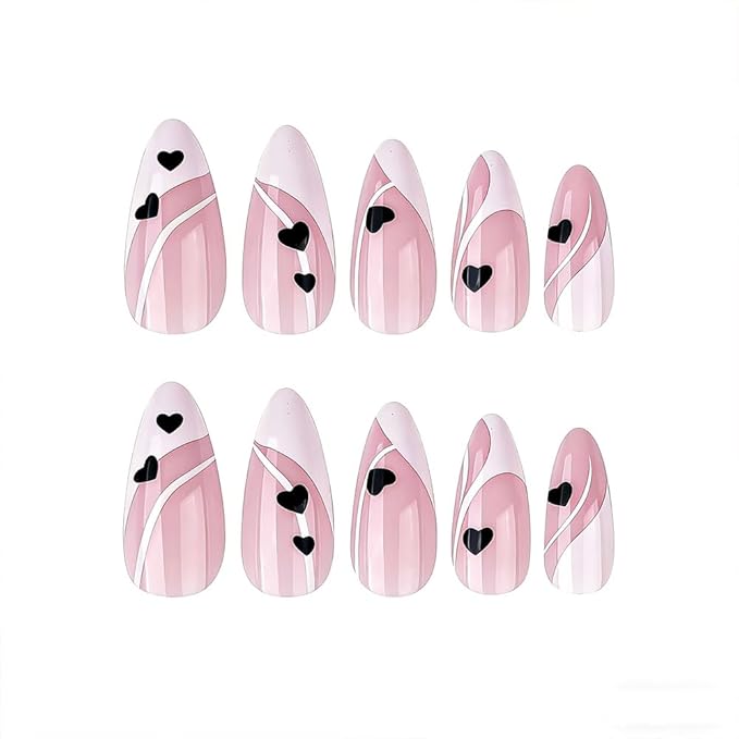 Valentine Press on Nails - Love Heart Fake Nails - Almond False Nails Press ons - French Tip Acrylic Glue on Nails - Artificial Stick on Nail for Women Manicure 24 Pcs