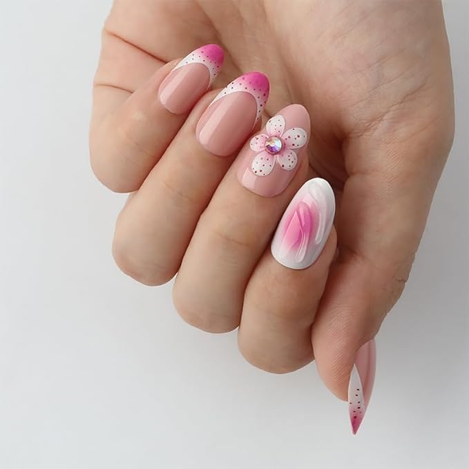 3D French Tip Flowers Press On Nails Almond Short, 3D Pattern French Tips Designer Reusable Acrylic Nails Press Ons, Fake Nails With Glue On, Daily Wear Floral False Nails For Women