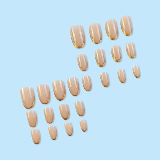 French Tip Press on Nails Short Almond MABKJLF Fake Nails False Nails with Gold Tips Designs Natural Nails Glossy Glue on Nails Full Cover Acrylic Nails for Women Girls 24 Pcs