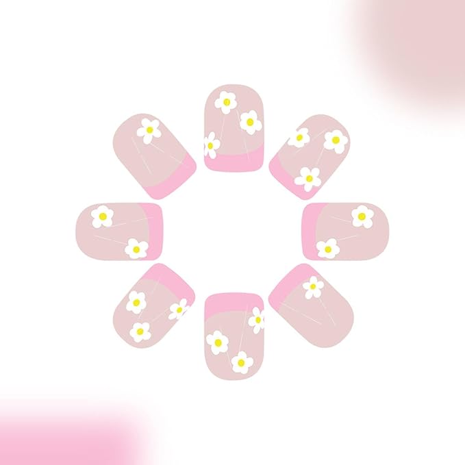 Pink French tip Press on Nails Short Square Fake Nails with Cute White Flower Design Glue on Nails Nude Stick on Nails Glossy Spring Nails Acrylic Summer False Nails for Women Girls Manicure 24 Pcs