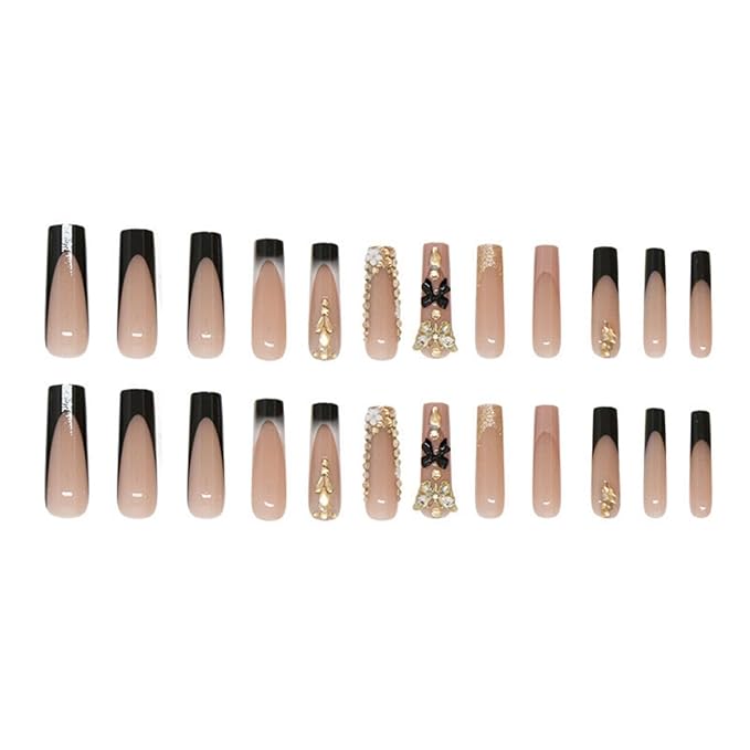 Press on Nails Long Square Rhinestone False Nails 3D Bow Charms Flower Glue on Butterfly Fake Nail Gradient Black French Tips Nails Press ons Glossy Reusable Nail for Women Manicure 24pcs