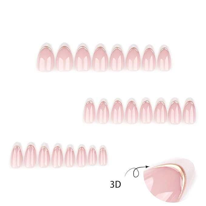 24 Pcs French Tip Press on Nails Short Almond Fake Nails with Designs Gold Stripes False Nails White French Tip Acrylic Nails Stick on Nails Full Cover Acrylic Nails for Women Girl