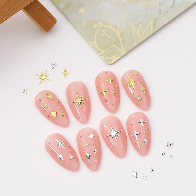 400pcs Gold Silver Star Nail Charms - 3D Star Nail Jewelry Rhinestones Supplies Accessories for Women Girls