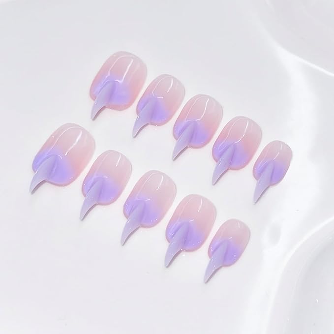 10 Pcs Curved Press on Nails Stiletto Medium Cat Claw Handmade Nails Press Ons Unique 3D Purple French Tip Cat Claw False Nails Thick Gradient Designs Stick on Nail Reusable Glossy Acrylic Nail (S)