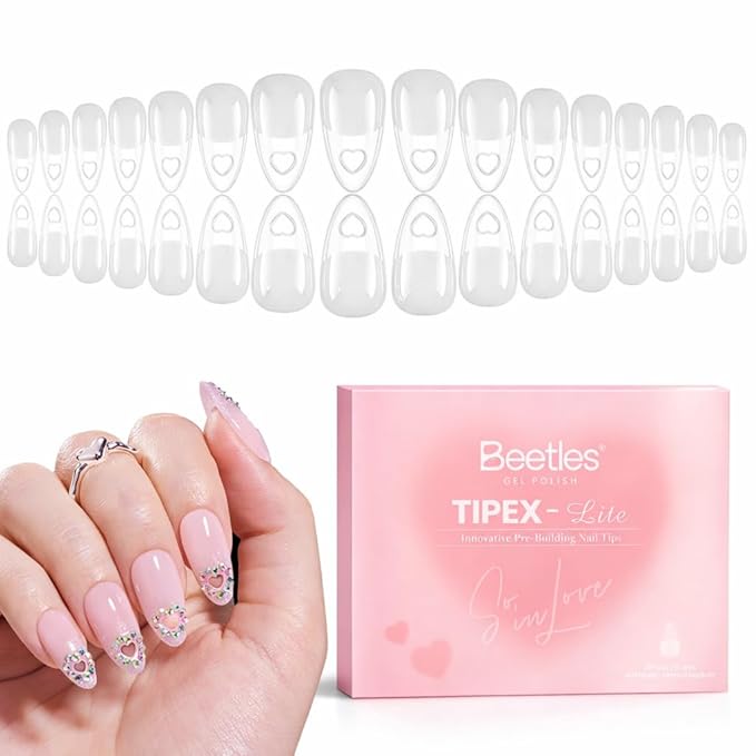 Beetles Tipex Lite Heart Cutout Nail Tips, Pre-Built Apex Almond Medium, 16 Sizes 256pcs, Flat Nail Friendly Acrylic Tips, Easy DIY for Beginners