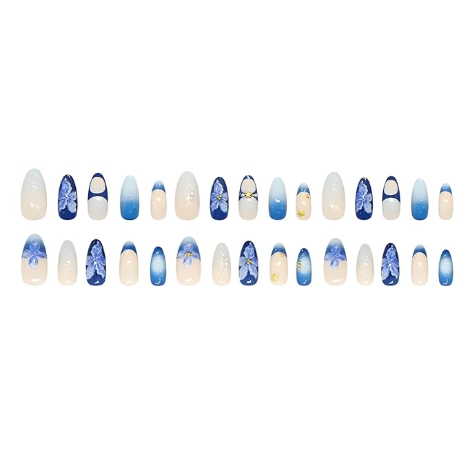 Blue Press on Nails Medium Almond Fake Nails French Tip Glue on Nail Flower Nails Press Ons with Rhinestones Design Glossy False Nails Acrylic Stick on Nail for Women Decorations 24Pcs