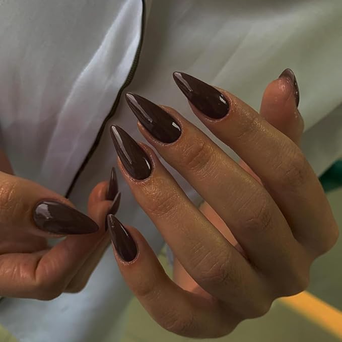 Brown Press on Nails Almond Shaped Medium Length - Neutral Acrylic Reusable Fake Nails for Women Girls, Glue on Stiletto False Nails, Soft Gel Artificial