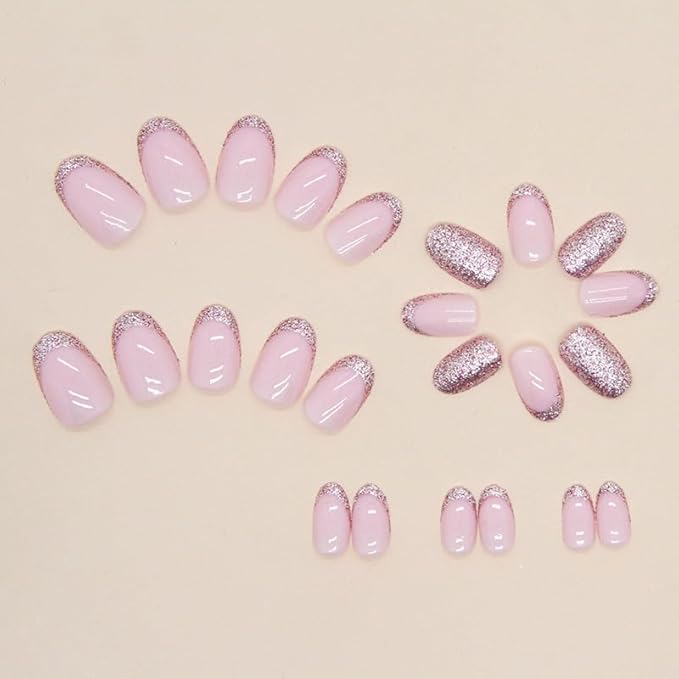 Pink Glitter French Press on Nails Short Almond fake Nails Pink false Nails Full Cover Glitter French Glossy Reusable Artificial Acrylic Nails for Women and Girls DIY Manicure Decoration 24Pcs