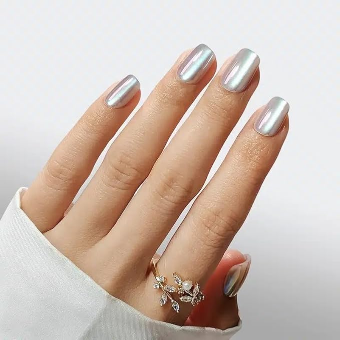 Press On Nails - Opal | Chrome Cateye High Gloss Square Fake Nails, Salon Quality| 32 Nails, 16 Sizes Kit with Glue and Adhesive Tabs I Female Founded - Beauty, Self Care