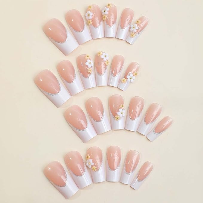 White Press on Nails Long,3D Flower Fake Nails Square Bling Glossy Rhinestone False Nail Tips Artificial Nails Finger Manicure for Women and Girls,24pcs