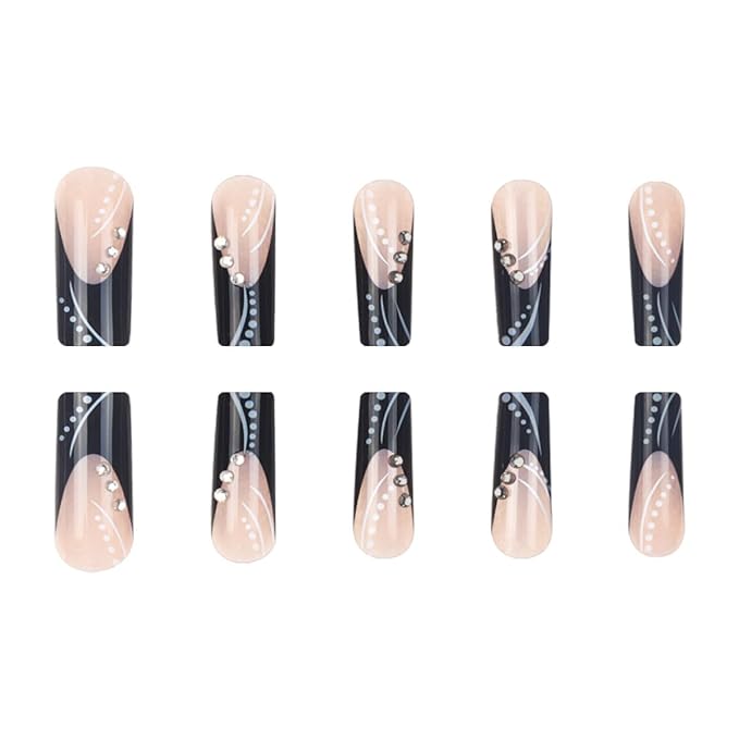 Square Press on Nails Long Black Stick on Nail Tips Nails Press ons with Embossed Charm Press on False Nails for Women 24pcs
