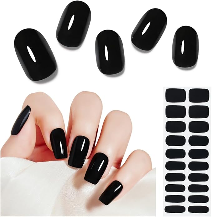 Arte Clavo Semi Cured Gel Nail Strips, 20 Pcs Gel Nail Stickers with UV Light Required, Salon Quality, Long Lasting, Easy Apply and Remove (Black)