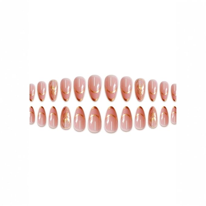 Short Press on Nails Almond Fake Nails French False Nails Gold Artificial Nails with Flowers Designs Stick on Nails for Women 24pcs