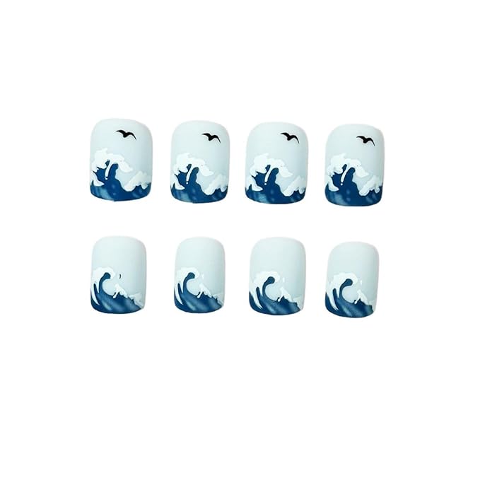 French Tip Square Acrylic Press-On Nails, 24Pcs, Blue, Waves Pattern, Matte Finish