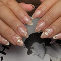 Pink French Tips Press On Nails Short Almond, 3D Gold Line White Flower Designer Reusable Acrylic Fake Nails with Glue, Glossy Gel Finish, Thick Natural Nails for Women Girls Date Manicure