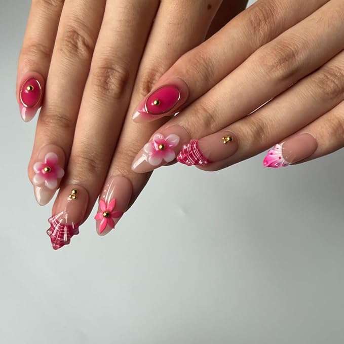 Press On Nails Medium Almond Shape False Nails, Handmade Acrylic Gel Fake Nails with Art Designs, Reusable 10 Pcs 3D Nails for Women DIY Manicure Kit