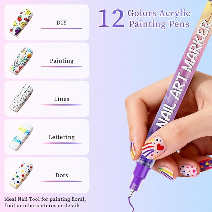 12 Colors Nail Art Pens Set, 2026 Upgraded Nail Art Markers, Fine Tip Nail Art Pen 0.5mm, Portable Nail Art Tools for Dotting Drawing Painting Liner DIY (12pcs)