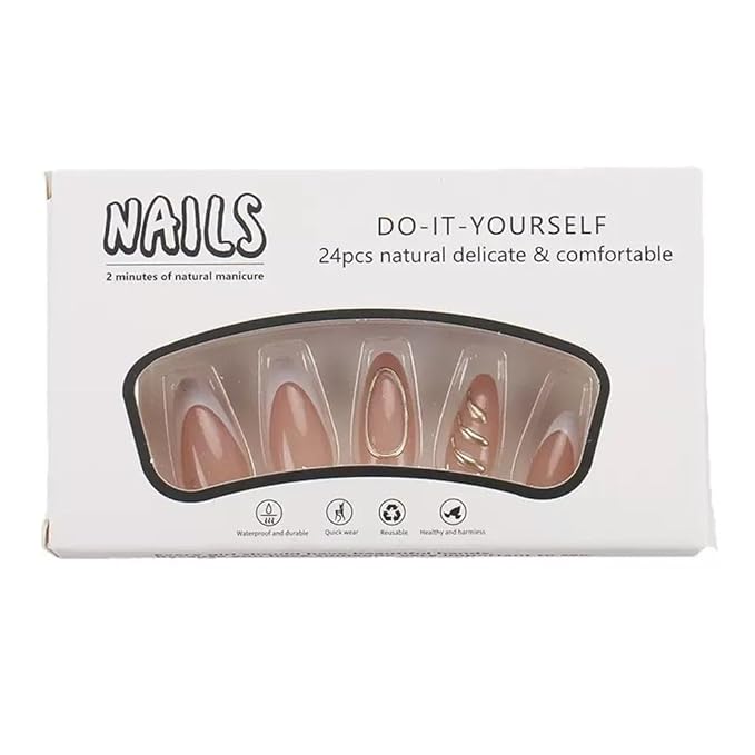 Almond Press on Nails Medium - White French Tip Fake Nails with Gold Circle Design - Glossy Elegant Full Cover Stick on Press ons - for Women 24 Pcs