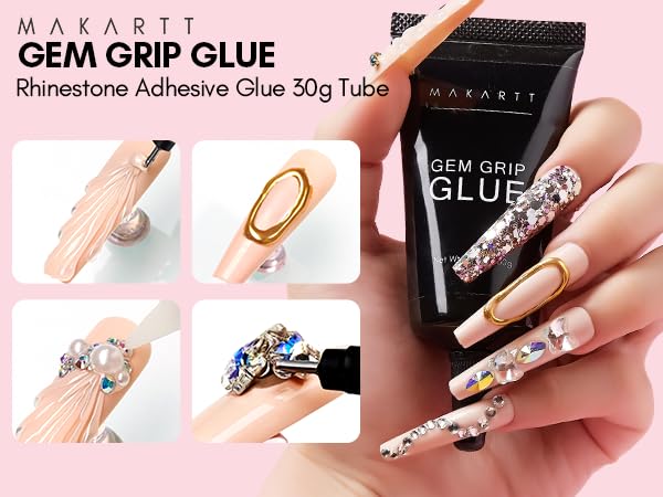 Makartt No Wipe Rhinestone Glue for Nails, 30G Super Strong Nail Charm Glue Bling Gel for 3D Decorations Nail Art Gems Jewelry Diamond for Nail Techs Supplies Beginners, Nail Lamp Required