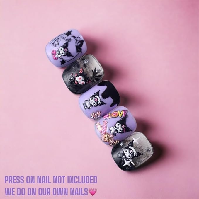 Anime Nail Stickers 5D 3D Embossed Kawaii Japanese Art Decals for DIY Nail Design, Self Adhesive Pink Stickers for Natural Gel Press On Nails, Unisex Cute Otaku Gift (Kuro)