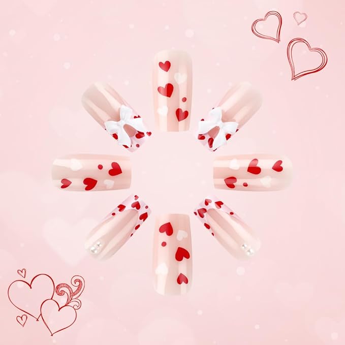 Medium Press on Nails Square - Pink Fake Nails with Bow Heart Design - French Tip Full Cover Stick on False Nails - for Women 24 Pcs