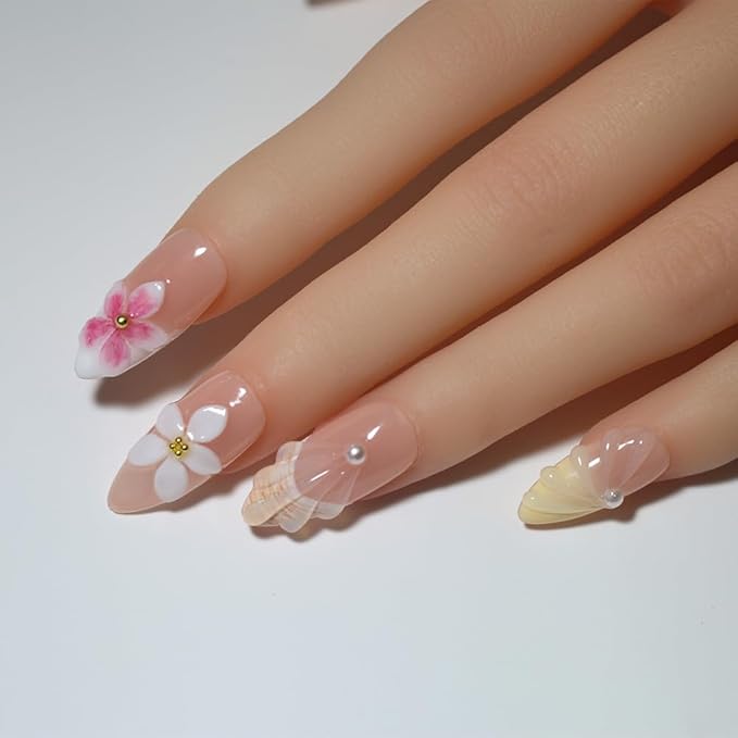 10Pcs Handmade Press-On Nails, Medium Almond Unique French Design with 3D Floral, Pearl, Starfish & Seashell. Reusable, Top-Tier Craftsmanship. For Women & Girls, Daily & Party Glamour (A014, Size S)