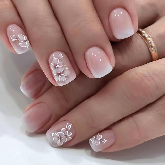 Flower Press on Nails Short Square Fake Nails Ombre Nails Press ons with Design Reusable Artificial Nail Glossy Full Cover Glue on Nail Stick on Nails for Women Manicure 24Pcs