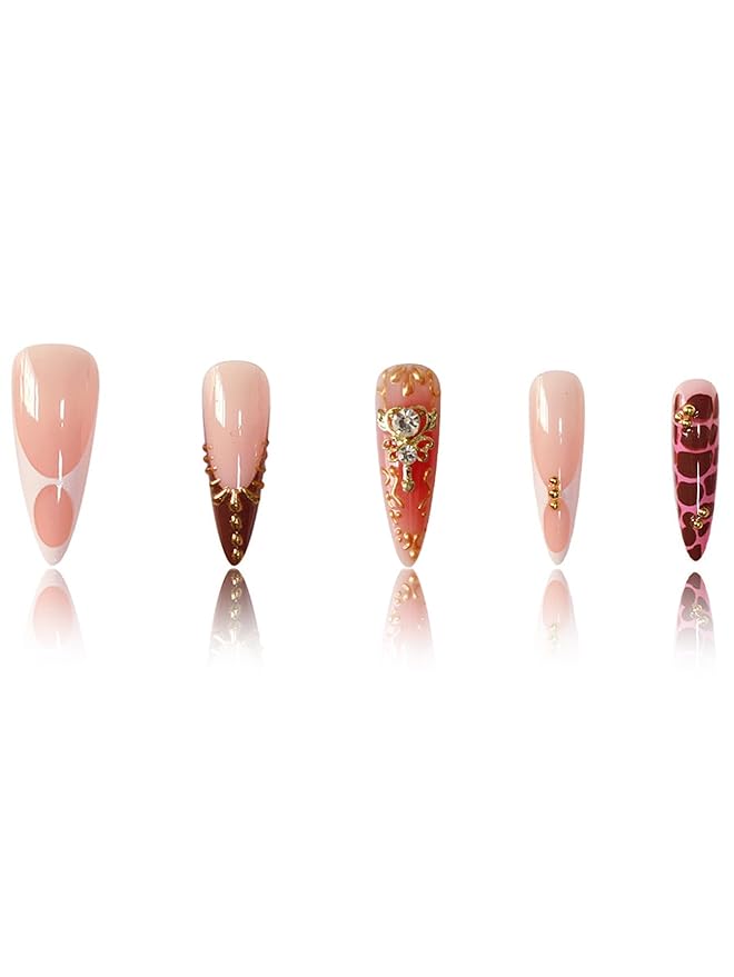 Almond Press on Nails Long Fake Nails French Red Artificial Nail with Rhinestones Designs Gold Charm Stick on Nail for Women 24pcs